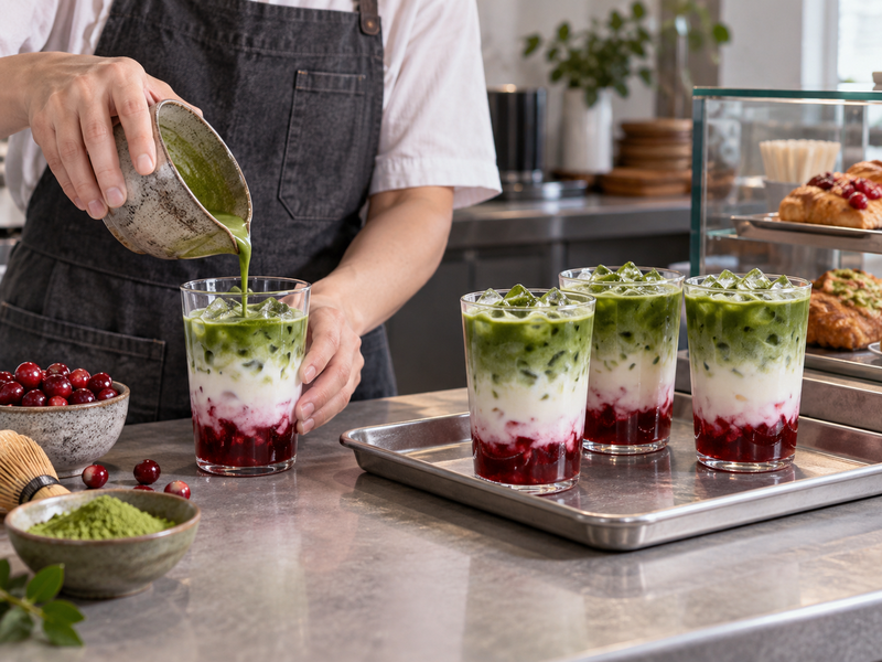 Cranberry matcha takeaway cup beside a second cup after a timed carry test