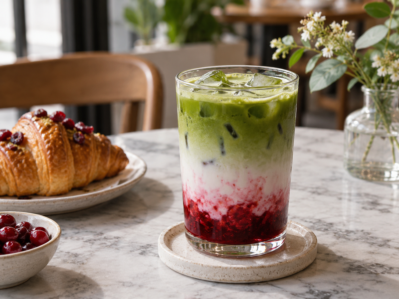 Café team reviewing a cranberry matcha tasting scorecard, ingredient portions and cup cost