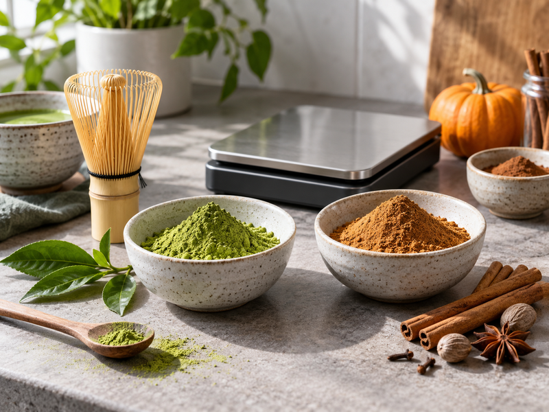 A manager costs a fall matcha drink with measured seasonal ingredients
