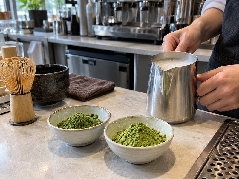 Two matcha powders beside hot milk for a latte trial