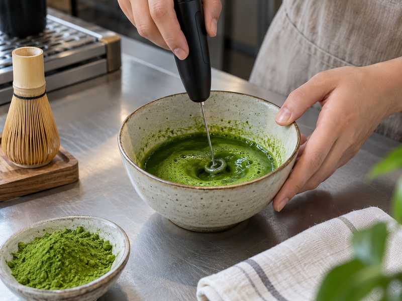 Matcha slurry dispersed with a handheld frother