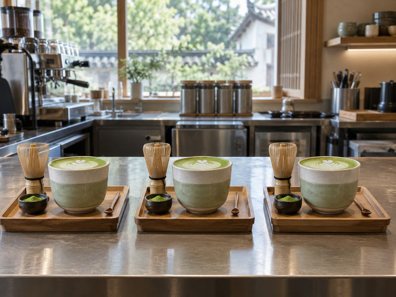 Three consistent hot matcha lattes at a café