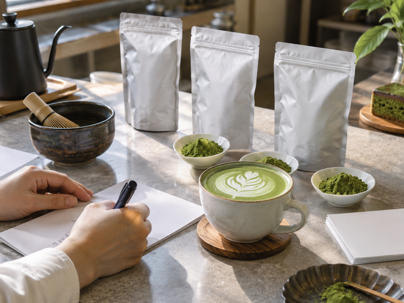Supplier samples beside a finished hot matcha latte