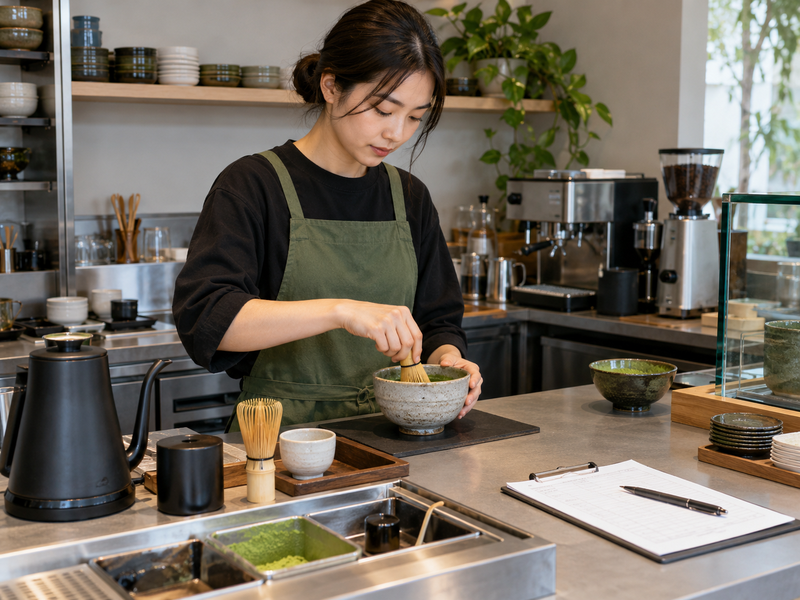 Order and pickup points are separated in a small matcha café layout