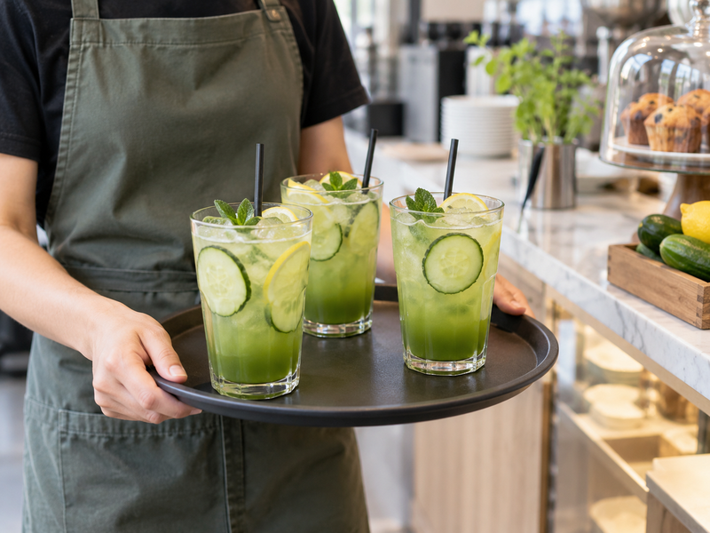 Labeled chilled cucumber and lemon components beside freshly whisked matcha