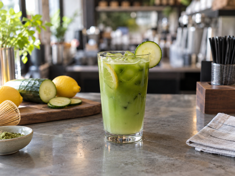 Café ingredient receiving sheet with cucumbers, lemons and matcha lot sample