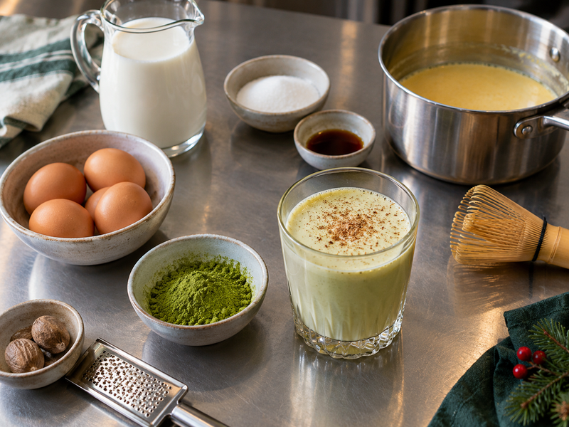 Chilled matcha eggnog in a clear café glass beside a small tasting sheet and spice samples