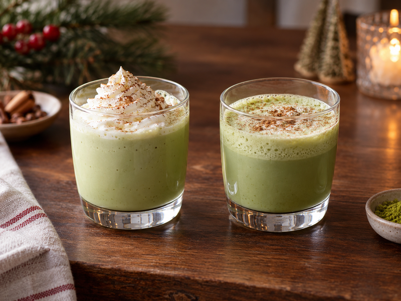 Cook monitoring a matcha eggnog base with a thermometer and a written batch record