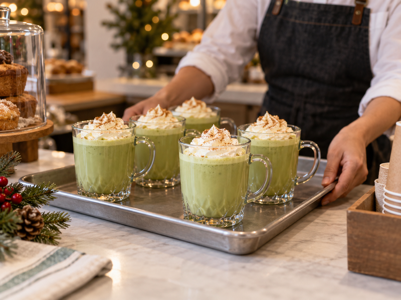 Side-by-side chilled and warm matcha eggnog service glasses with measured portions