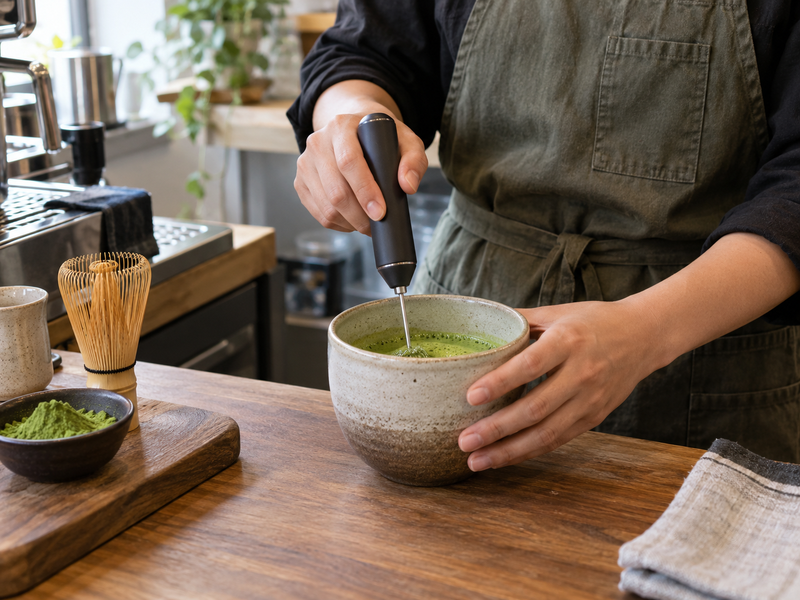 Matcha Electric Whisk: A compact electric matcha whisk in use inside a deep cup while an operator steadies the cup, café prep context