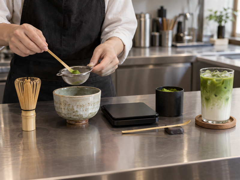 Matcha Electric Whisk: Café staff measuring matcha at a service station