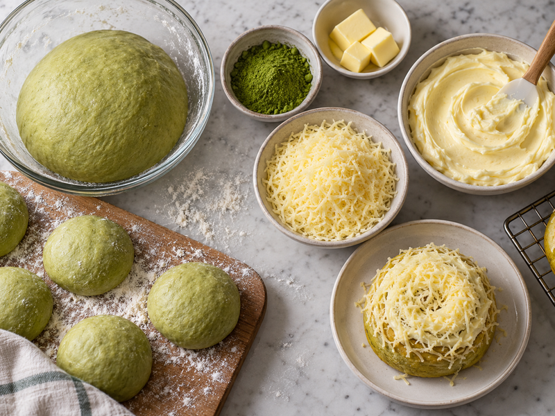 Soft matcha ensaymada with clear spiral shape, light butter finish and grated cheese