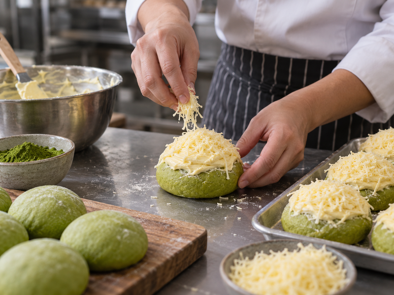 Baker sifting measured matcha into enriched dough ingredients with labeled trial bowls