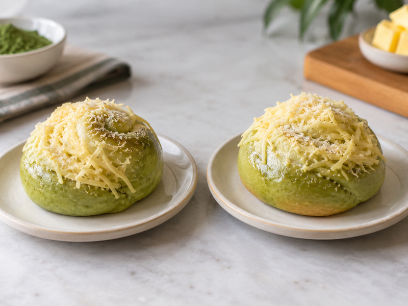 Tray of baked matcha ensaymada buns showing consistent spirals before topping
