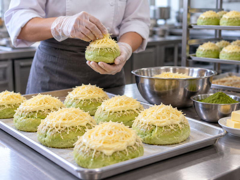 Matcha ensaymada buns in an unbranded bakery display and a separate takeaway packaging trial