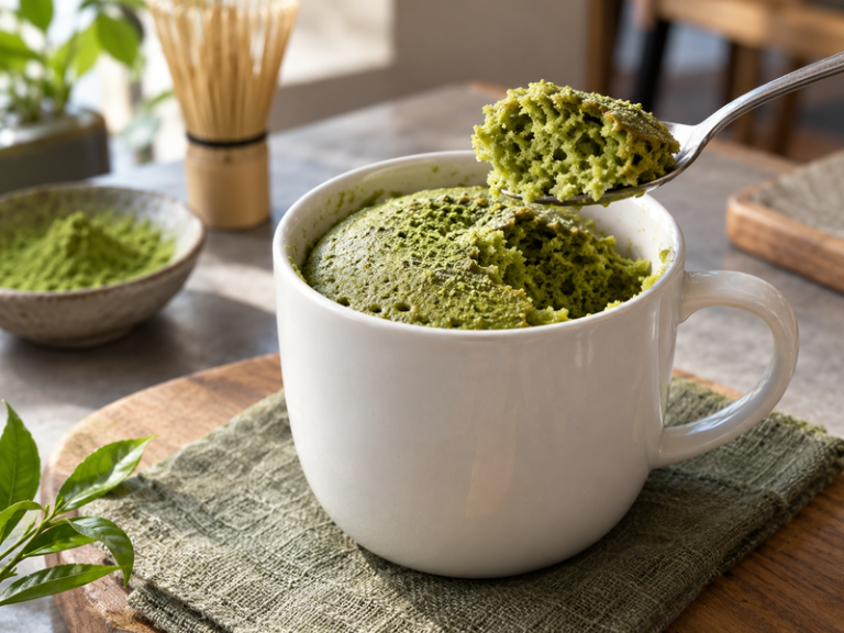 Finished matcha mug cake in a ceramic mug with a spoonful lifted