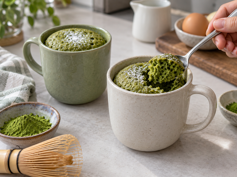 Placeholder: finished matcha mug cake portions on a commercial café development counter