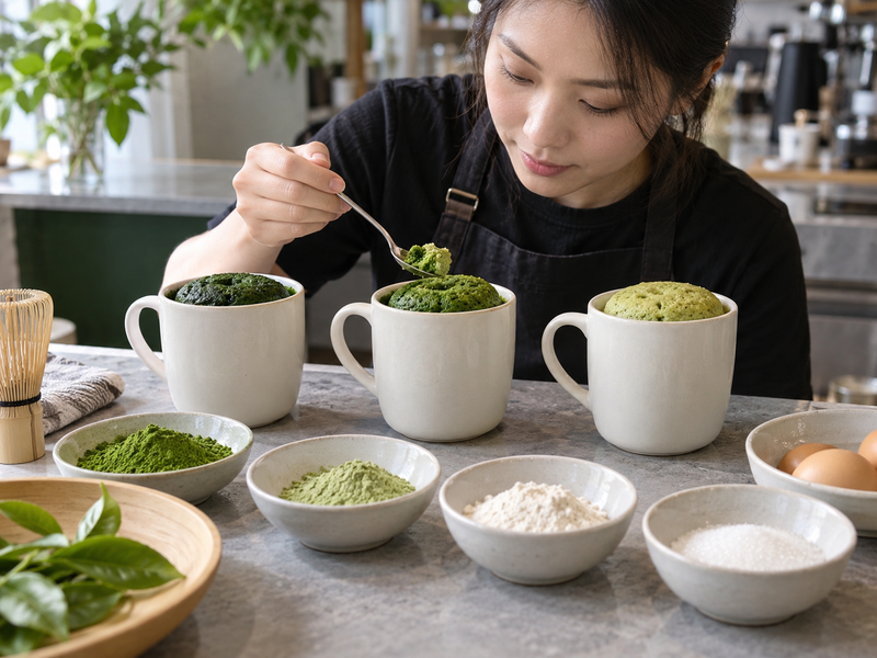 Placeholder: coded matcha mug cake samples compared at a Chinese mainland café test station