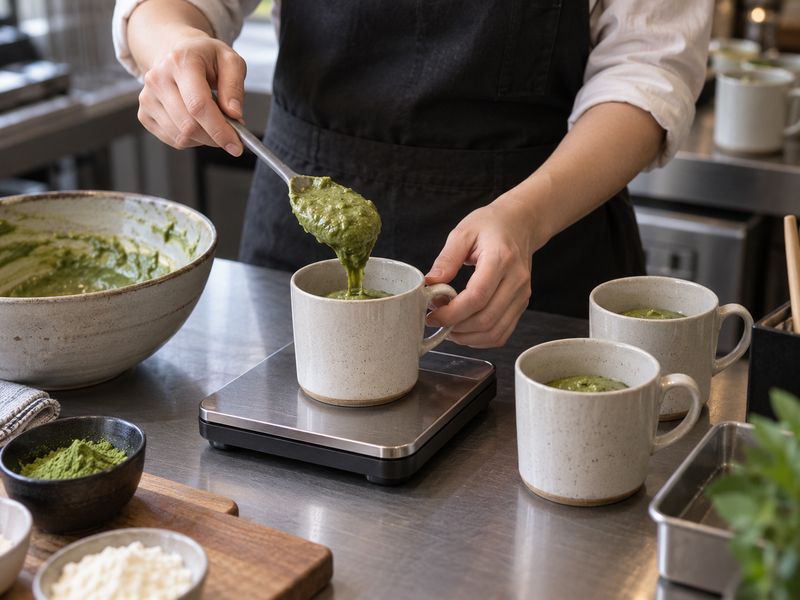 Placeholder: measured matcha cake batter portions in suitable mugs at a commercial counter