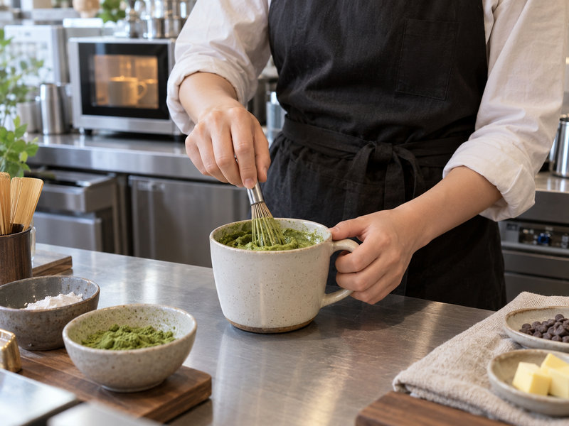 Placeholder: café worker hands preparing one matcha mug cake at a clean service station