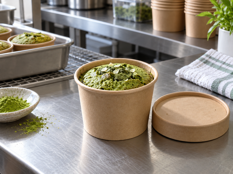 Placeholder: takeaway matcha mug cake cup evaluated after service holding