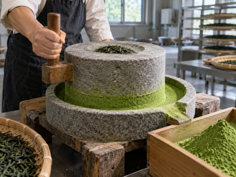 Illustrative matcha scene for matcha stone mill grinding article
