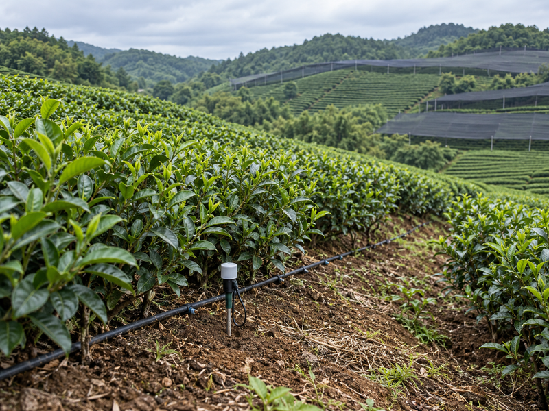 Tea garden rows with root-zone irrigation monitoring in mainland China