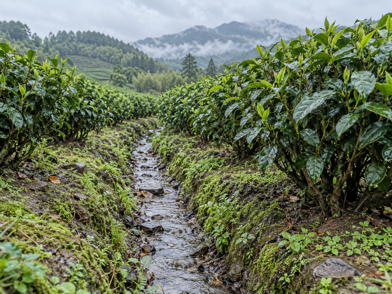 Drainage channel between Chinese tea rows after rain