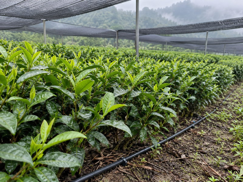 Tea bushes under shade with root-zone irrigation line