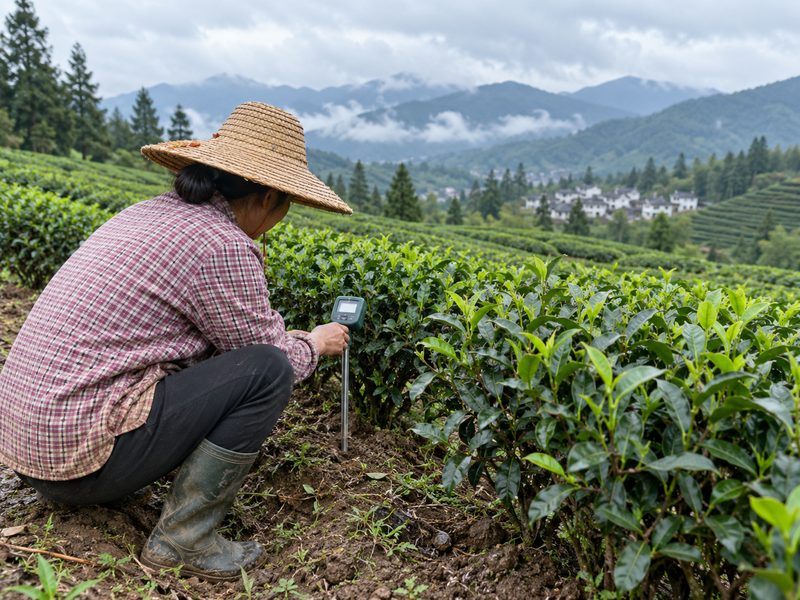 Tea grower checking soil moisture among garden rows