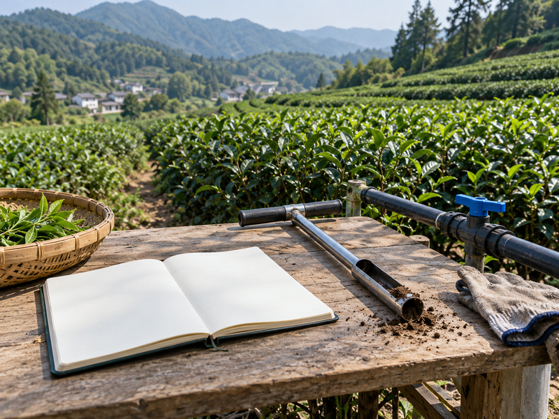 Field notebook and sampling kit beside Chinese tea rows