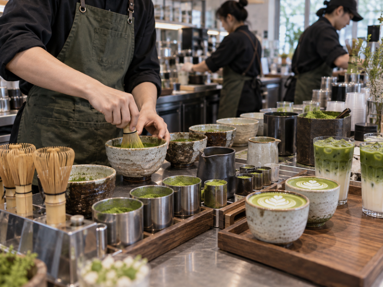 Busy cafe matcha service station with bamboo whisks