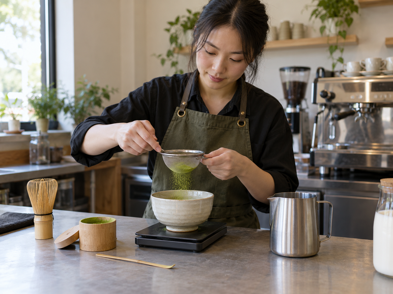 Barista preparing a matcha latte at a cafe counter