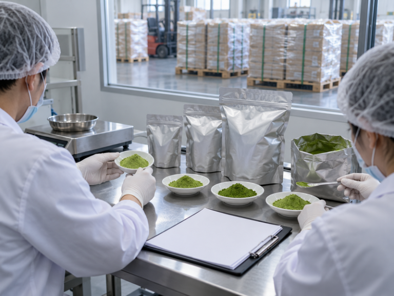 Quality staff comparing matcha samples and sealed bulk pouches before export