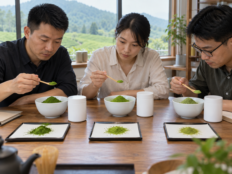 Buyer comparing separate matcha supplier sample sets