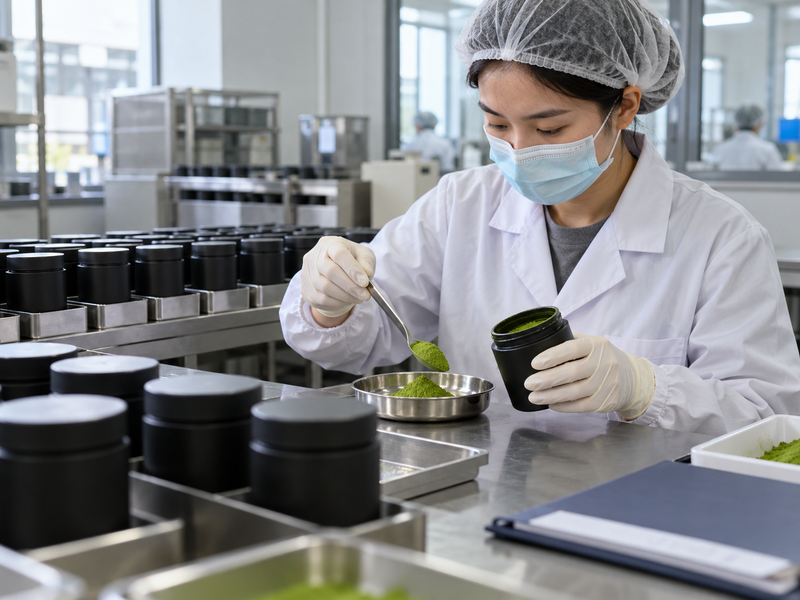 Sealed matcha retain samples arranged on a sample control bench