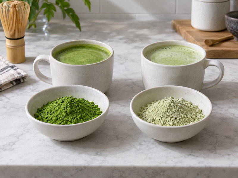 Pure matcha and latte premix beside their finished drinks
