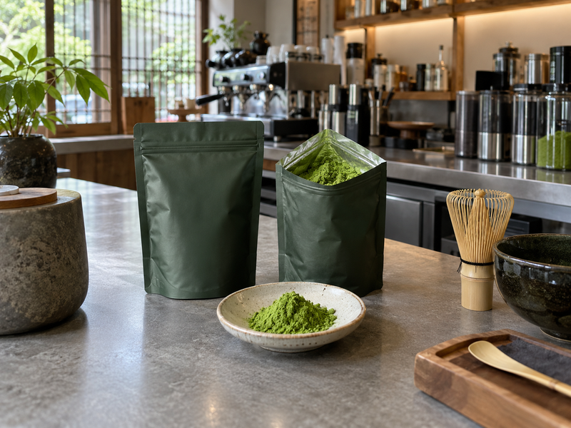 Opened and sealed matcha pouches