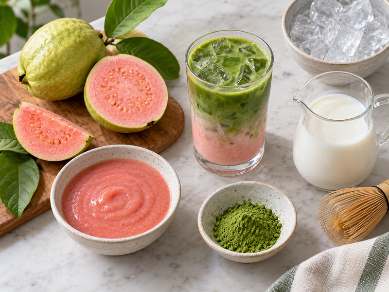 Four unbranded guava ingredients in small clear tasting cups beside a café matcha glass