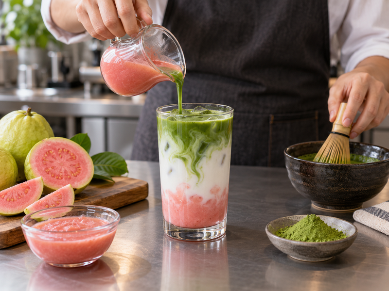 Two coded matcha samples tested in identical guava and milk drinks on a café counter