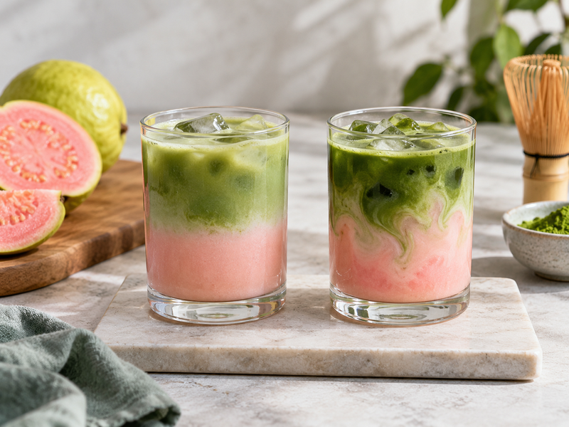 A barista weighing matcha and guava puree beside an iced serving cup