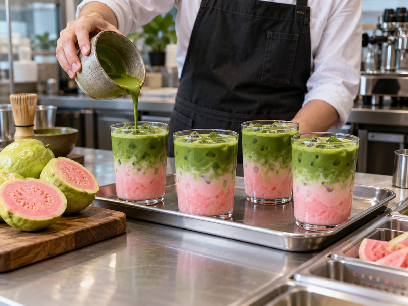 Three coded guava matcha trial cups with different fruit doses on a tasting table