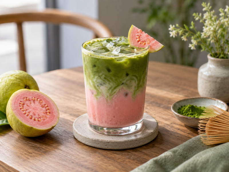 A clean café station with a guava matcha recipe card, scale, sealed fruit base and whisk
