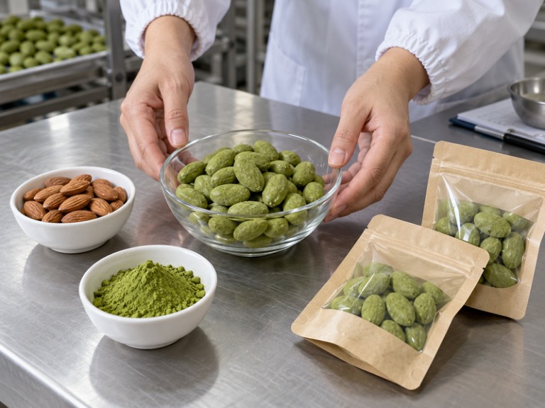 Matcha-coated almonds and ingredient samples for a food brand
