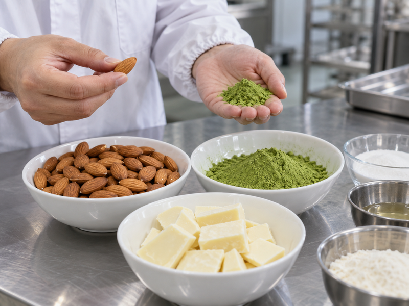 Ingredients for a matcha-coated almond product trial