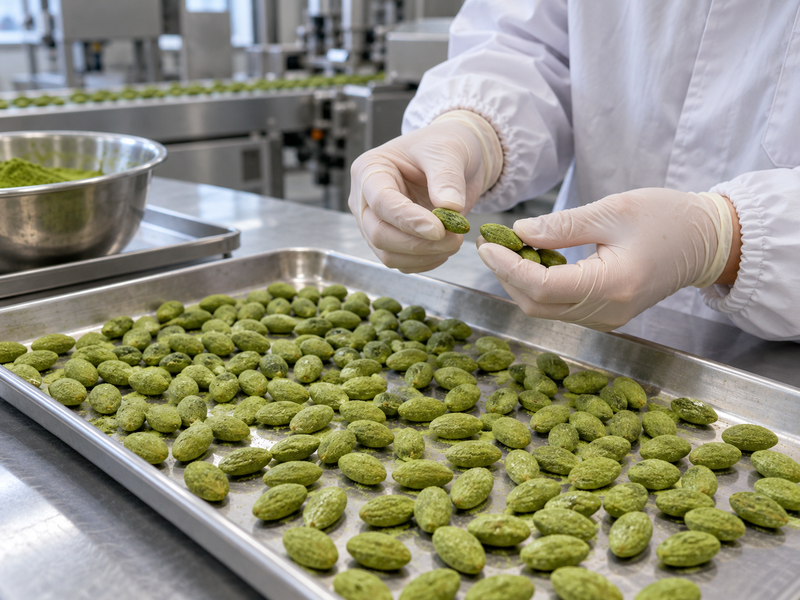 Matcha-coated almonds inspected for coverage and clumping