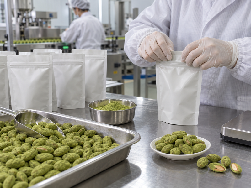 Unbranded pouches for matcha-almond packaging trials