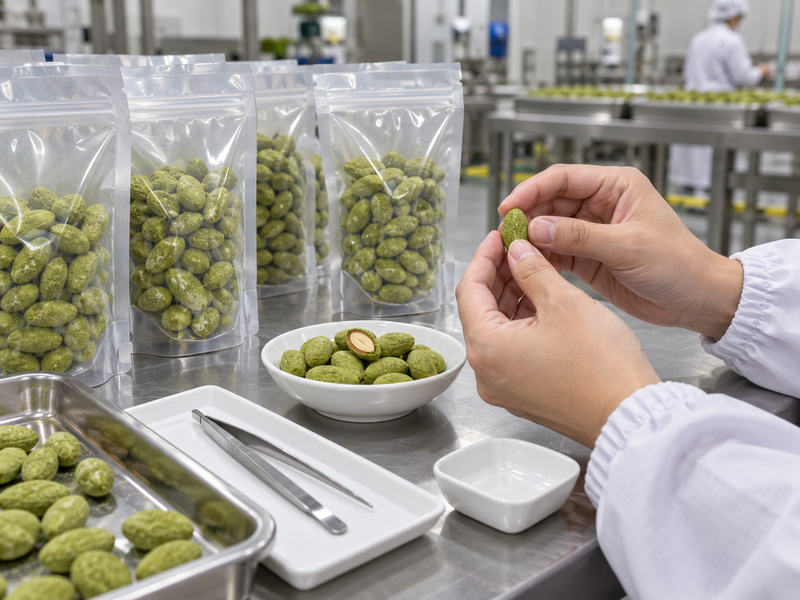 Matcha almond samples and ingredients at a purchasing review