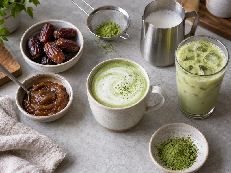 Hot matcha date latte and measured date preparation beside a tasting sheet