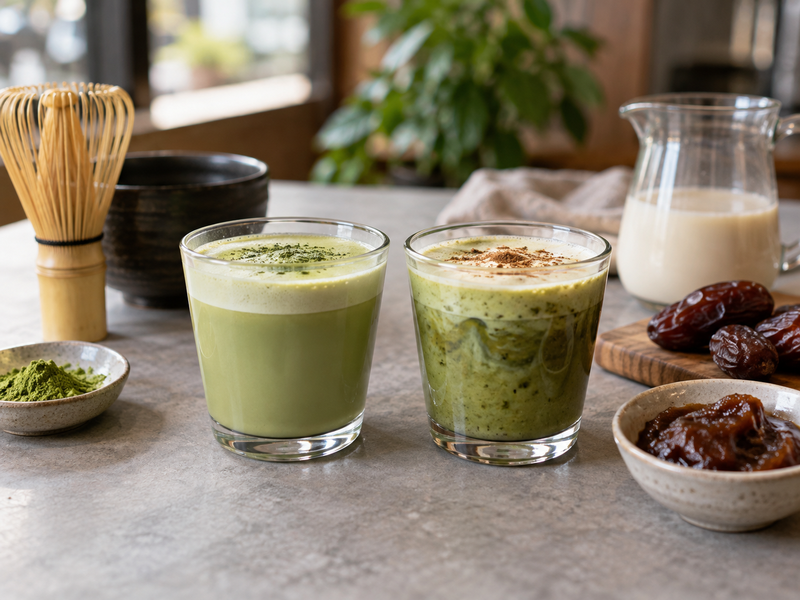 Two coded matcha dose samples beside a strained date latte